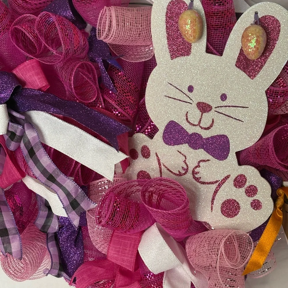 Pink Bunny Decorative Kids Wreath - Playful Easter Toy Accent 22 inches round